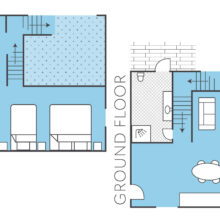 Cosy hotel suite floor plan with three-bed layout, spacious living area, modern kitchen, and bathroom. Duplex