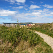 Scenic hotel pathway with lush greenery and ocean views under a clear blue sky, offering a tranquil seaside retreat.